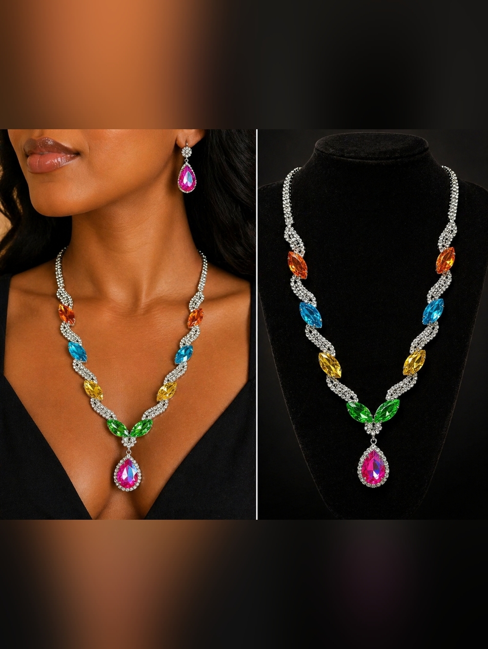 Multicolor Statement Necklace Set | Crystal Teardrop | Bold Glam Jewelry Set